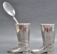 PAIR OF 20TH CENTURY SILVER PLATED SHOT MEASURERS TOGETHER WITH A SILVER MAGNIFYING GLASSz