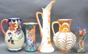 GROUP OF FIVE ART DECO VASES TO INCLUDE BURLEIGH WARE, MYOTT AND TUSCAN CHINA.