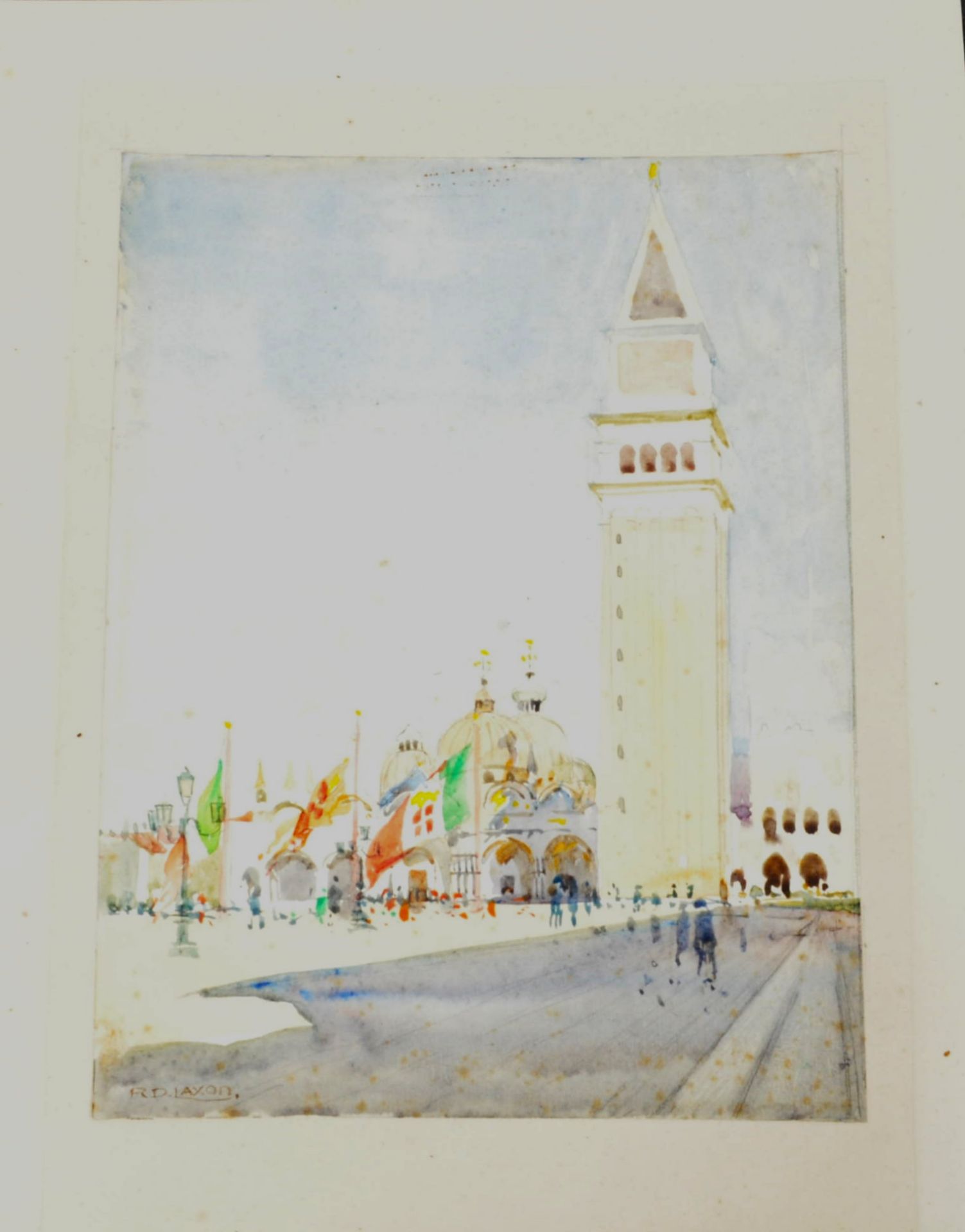 R.D. LAXON 1880 - 1969 WATERCOLOUR SCENE OF ST' MARKS SQUARE - Image 2 of 6