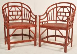 20TH CENTURY CHINESE ORIENTAL RED LACQUER SALOON CHAIRS
