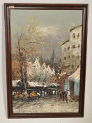 20TH CENTURY OIL OF CANVAS DEPCITING A FRENCH STREET SCENE.