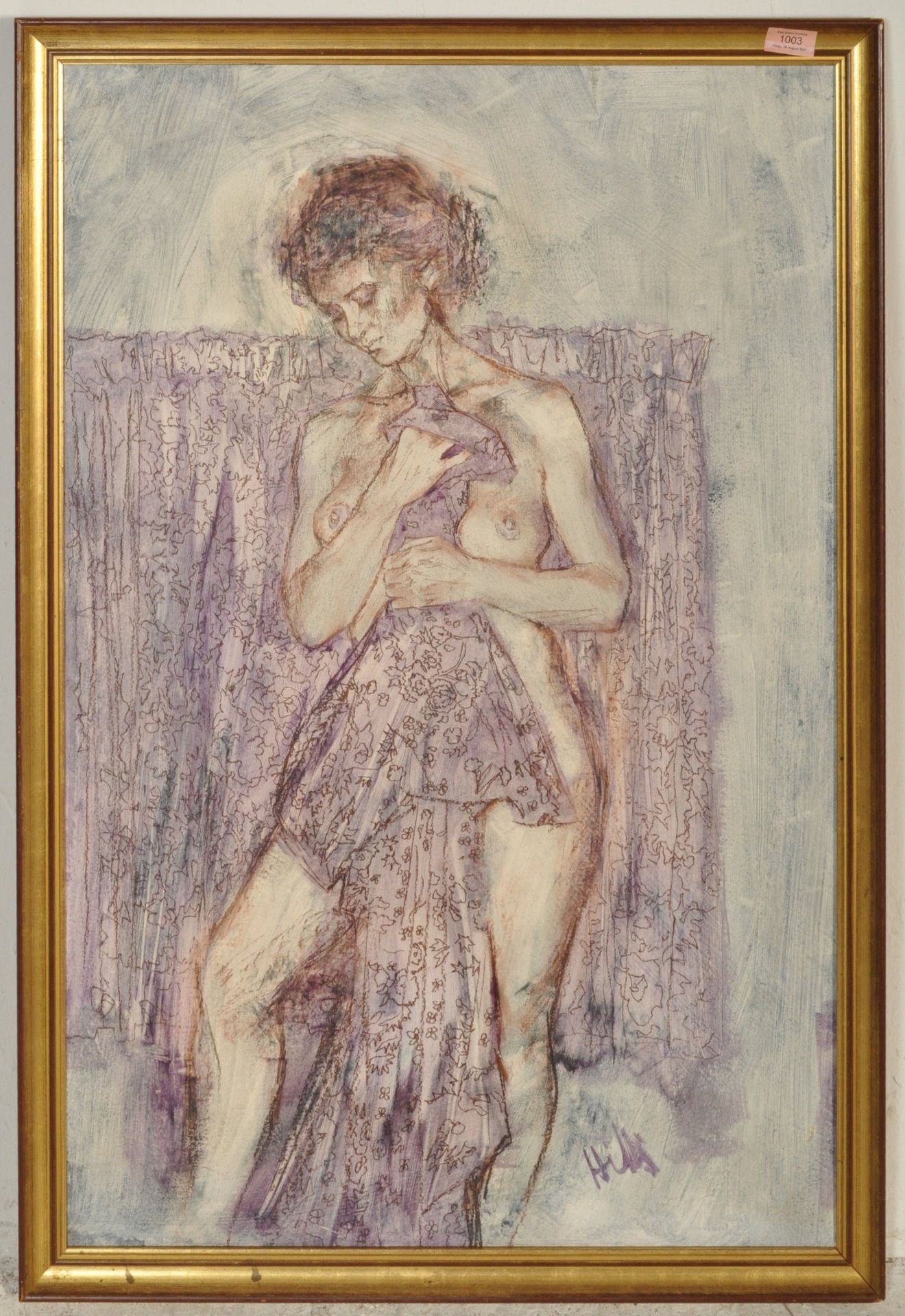 DOUGLAS HILLS (1924-1988) 'AFTER THE BATH'. MIXED MEDIA PAINTING.