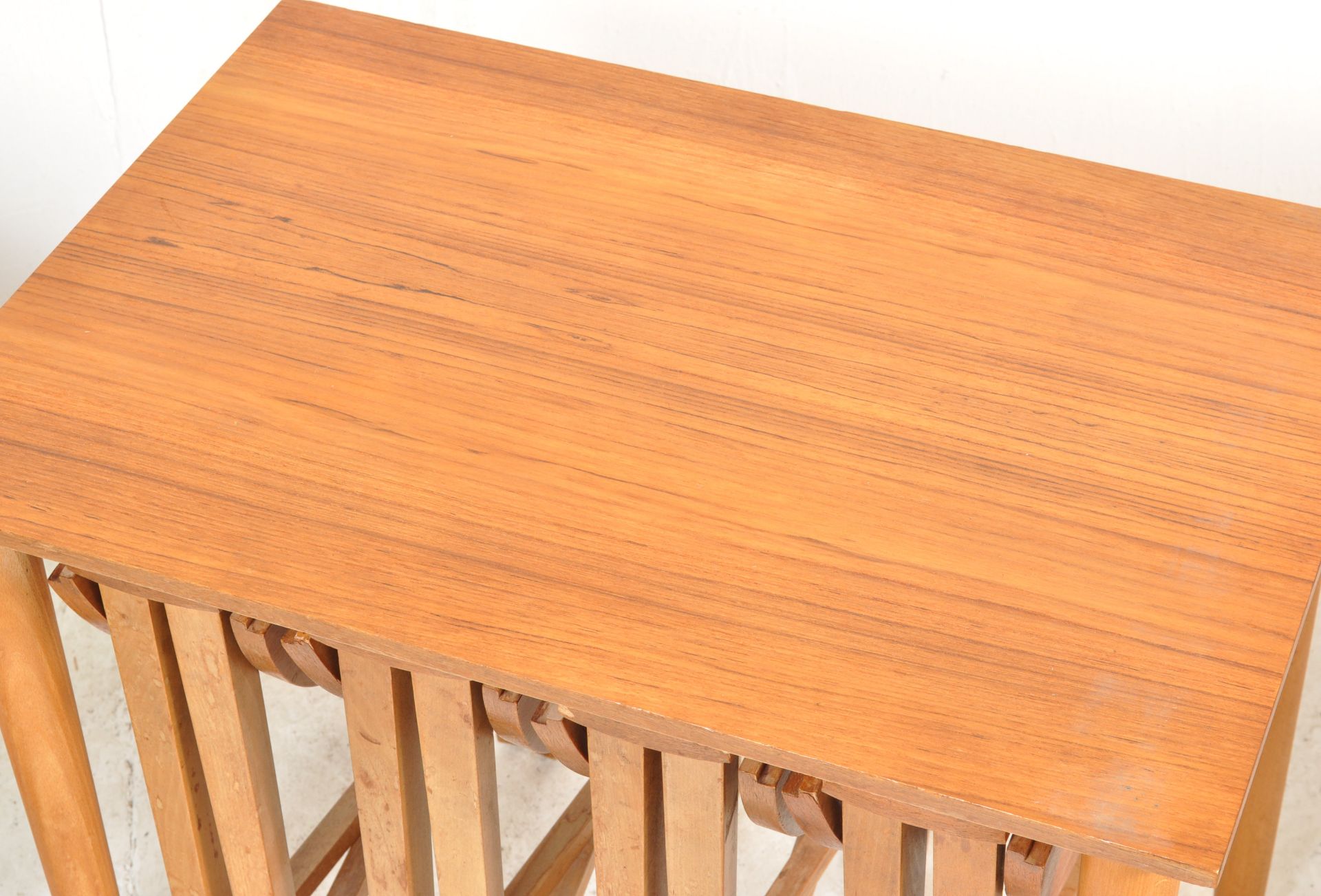 TEAK WOOD NEST OF TABLES AFTER POUL HUNDEVAD AND GLASS COFFEE TABLE - Image 4 of 5