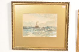 EARLY 20TH CENTURY WATERCLOUR AND PASTEL SEASCAPE PAINTING WITH A SHIP.