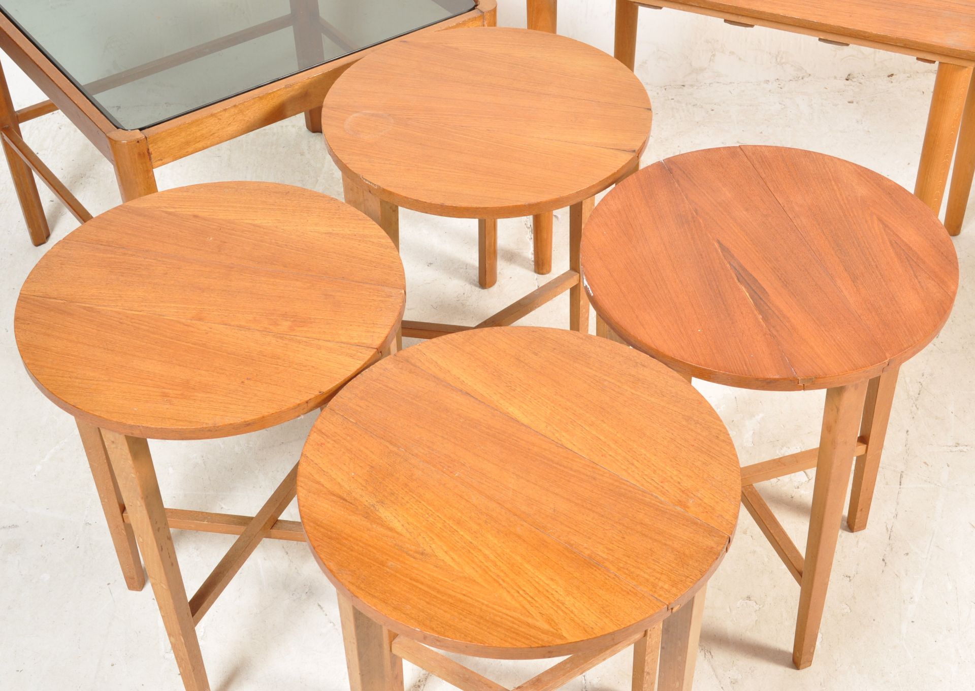TEAK WOOD NEST OF TABLES AFTER POUL HUNDEVAD AND GLASS COFFEE TABLE - Image 5 of 5