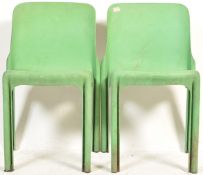 TWO GREEN MODED FIBREGLASS VICO MAGISTRETTI SELENE RANGE STACKING DINING CHAIRS