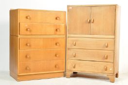 MID CENTURY OAK CHEST OF DRAWERS AND TALLBOY