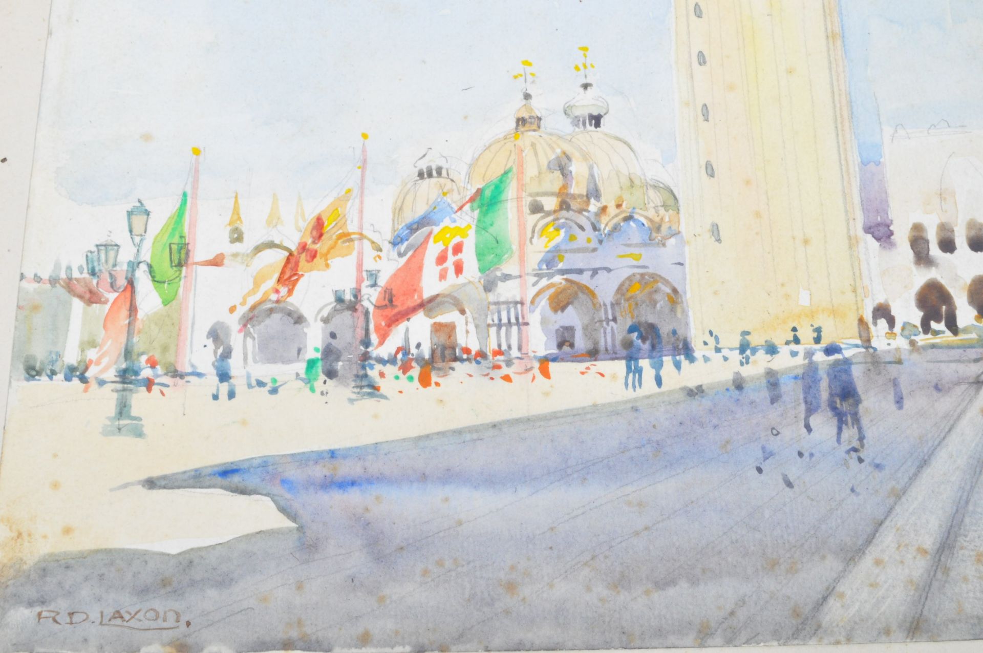 R.D. LAXON 1880 - 1969 WATERCOLOUR SCENE OF ST' MARKS SQUARE - Image 4 of 6