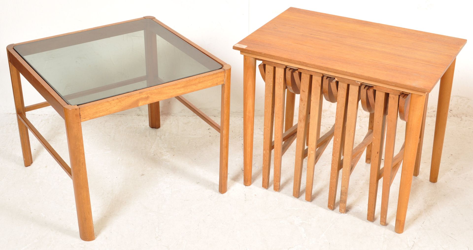 TEAK WOOD NEST OF TABLES AFTER POUL HUNDEVAD AND GLASS COFFEE TABLE - Image 2 of 5