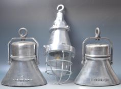 GROUP OF THREE INDUSTRIAL FACTORY STYLE ALUMINIUM LIGHT FITTINGS.