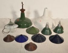 COLLECTION OF RETRO INDUSTRIAL PENDANT ENAMELLED LAMPSHADES.