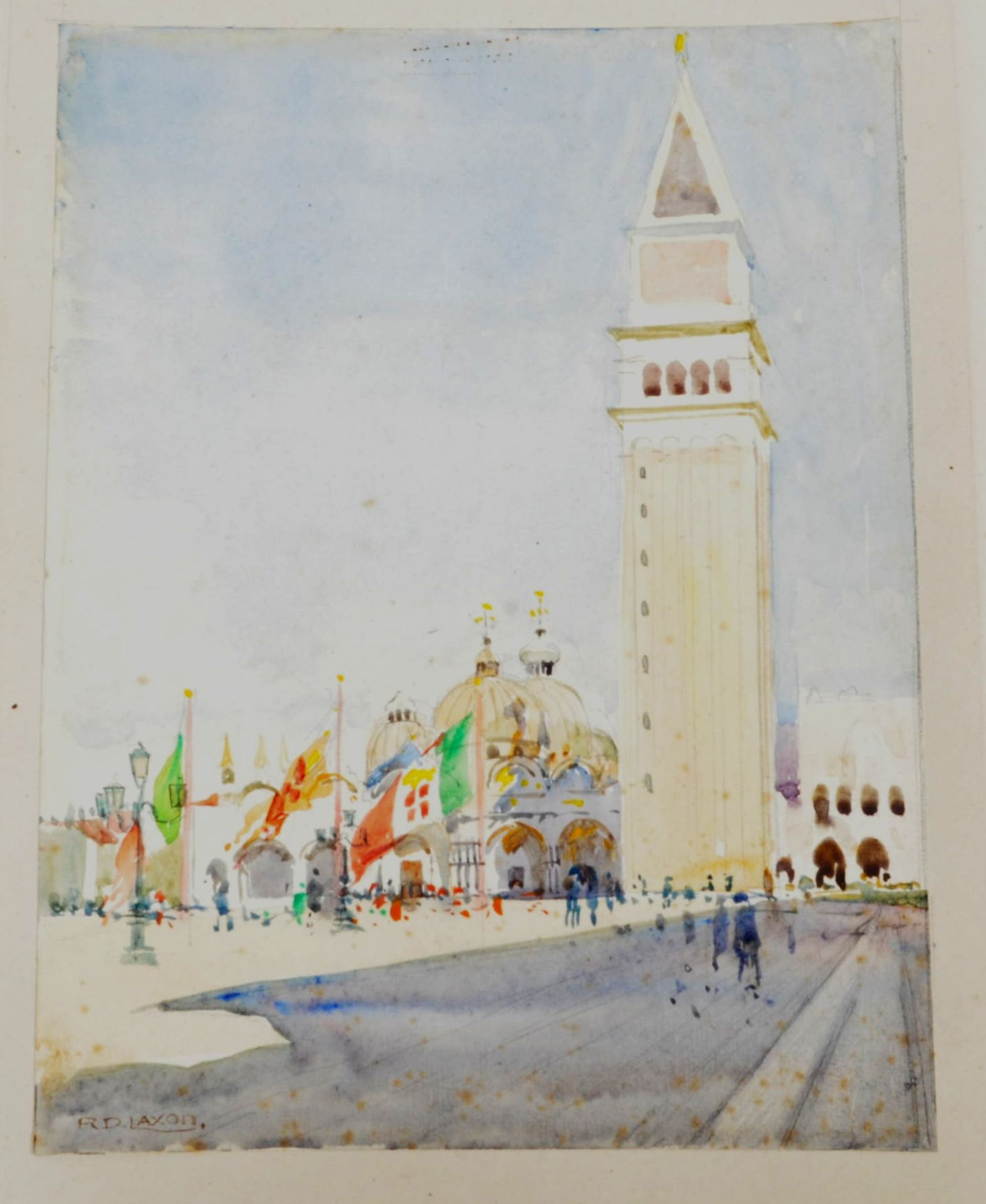 R.D. LAXON 1880 - 1969 WATERCOLOUR SCENE OF ST' MARKS SQUARE