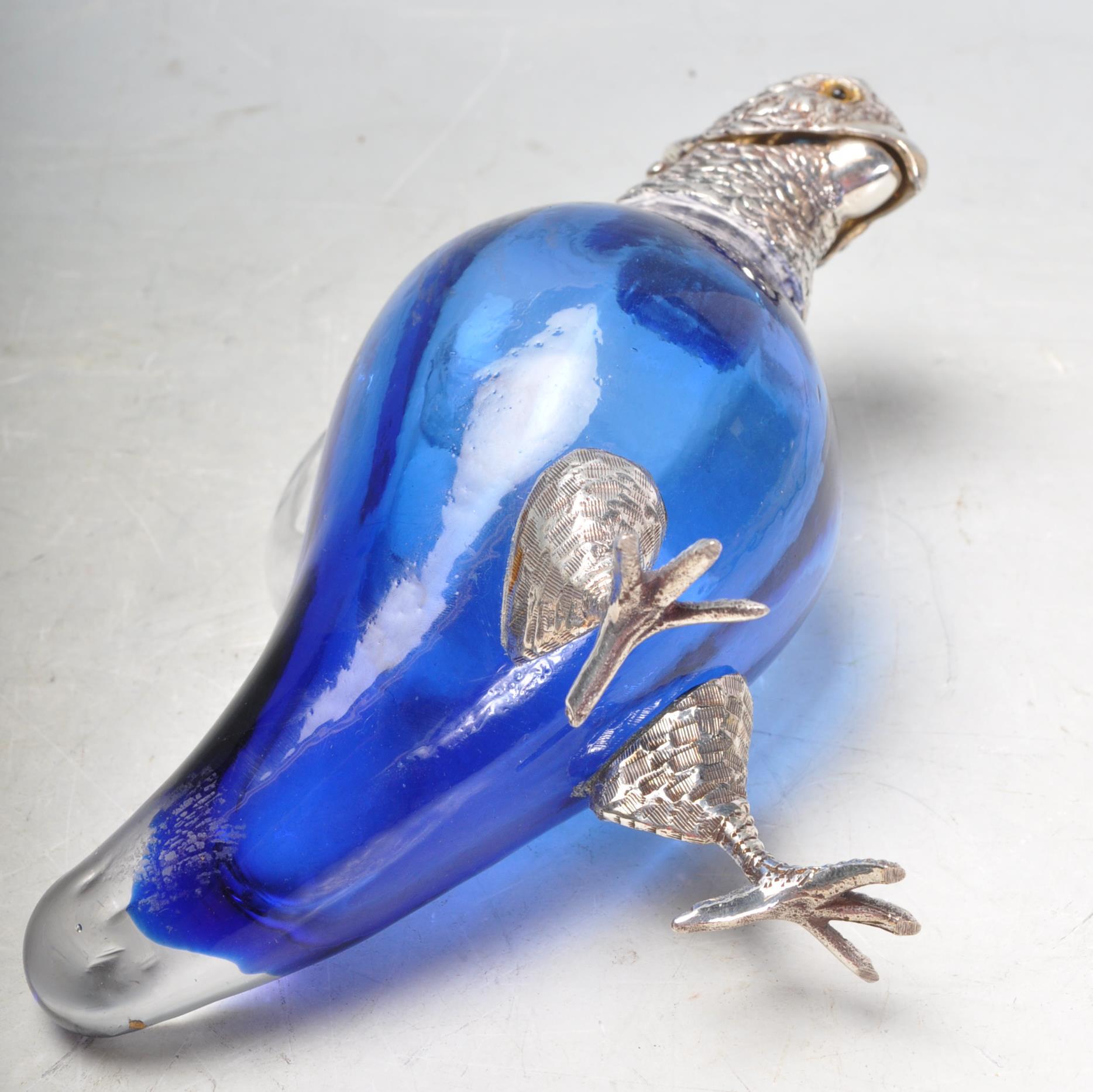 SILVER PLATE AND BLUE GLASS PARROT CLARET JUG. - Image 6 of 7