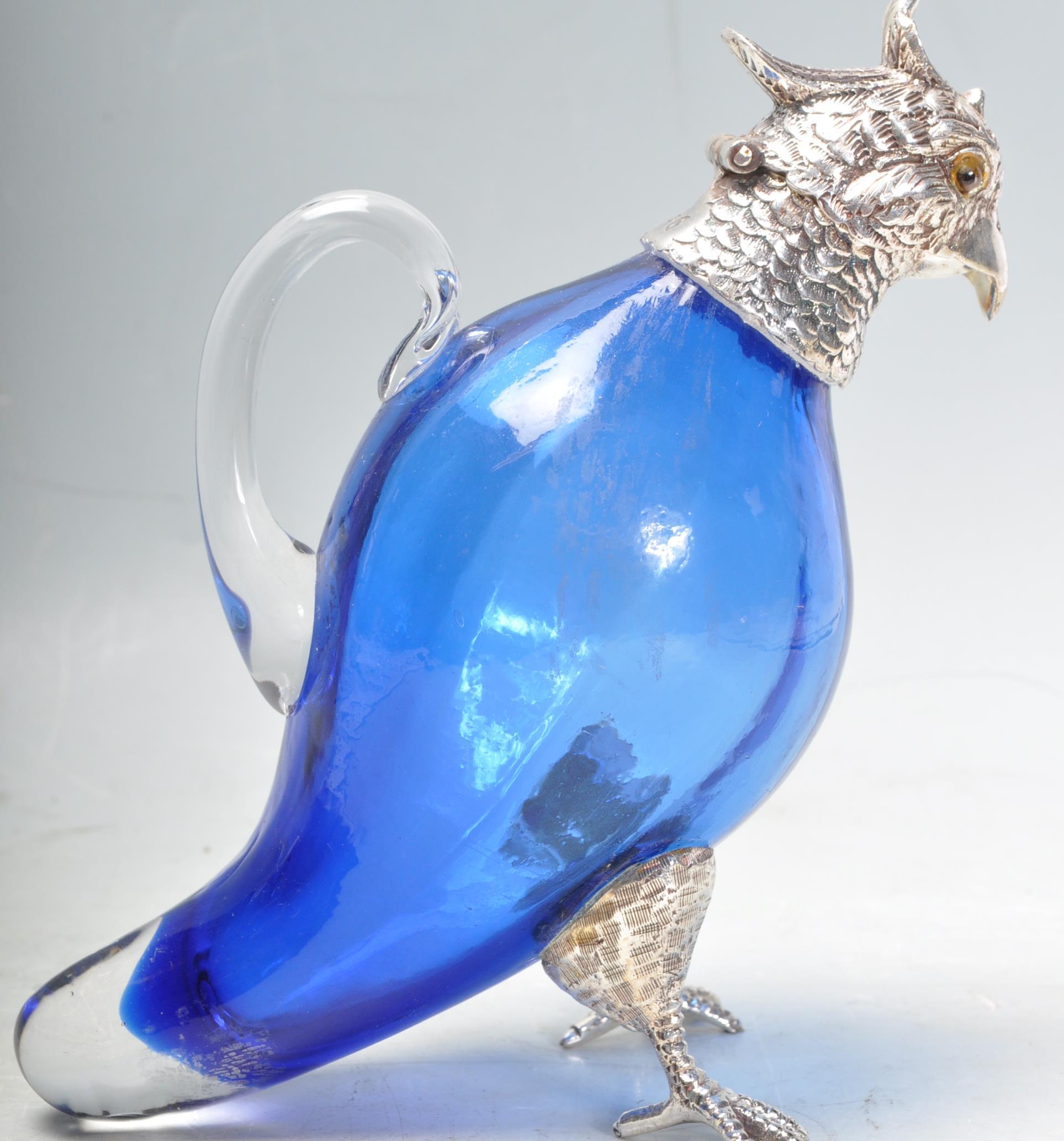 SILVER PLATE AND BLUE GLASS PARROT CLARET JUG. - Image 3 of 7