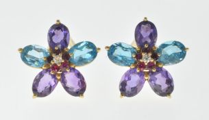 PAIR OF VINTAGE COLOURED STONE FLOWER CLUSTER EARRINGS