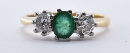 18CT GOLD EMERALD & DIAMOND THREE STONE RING