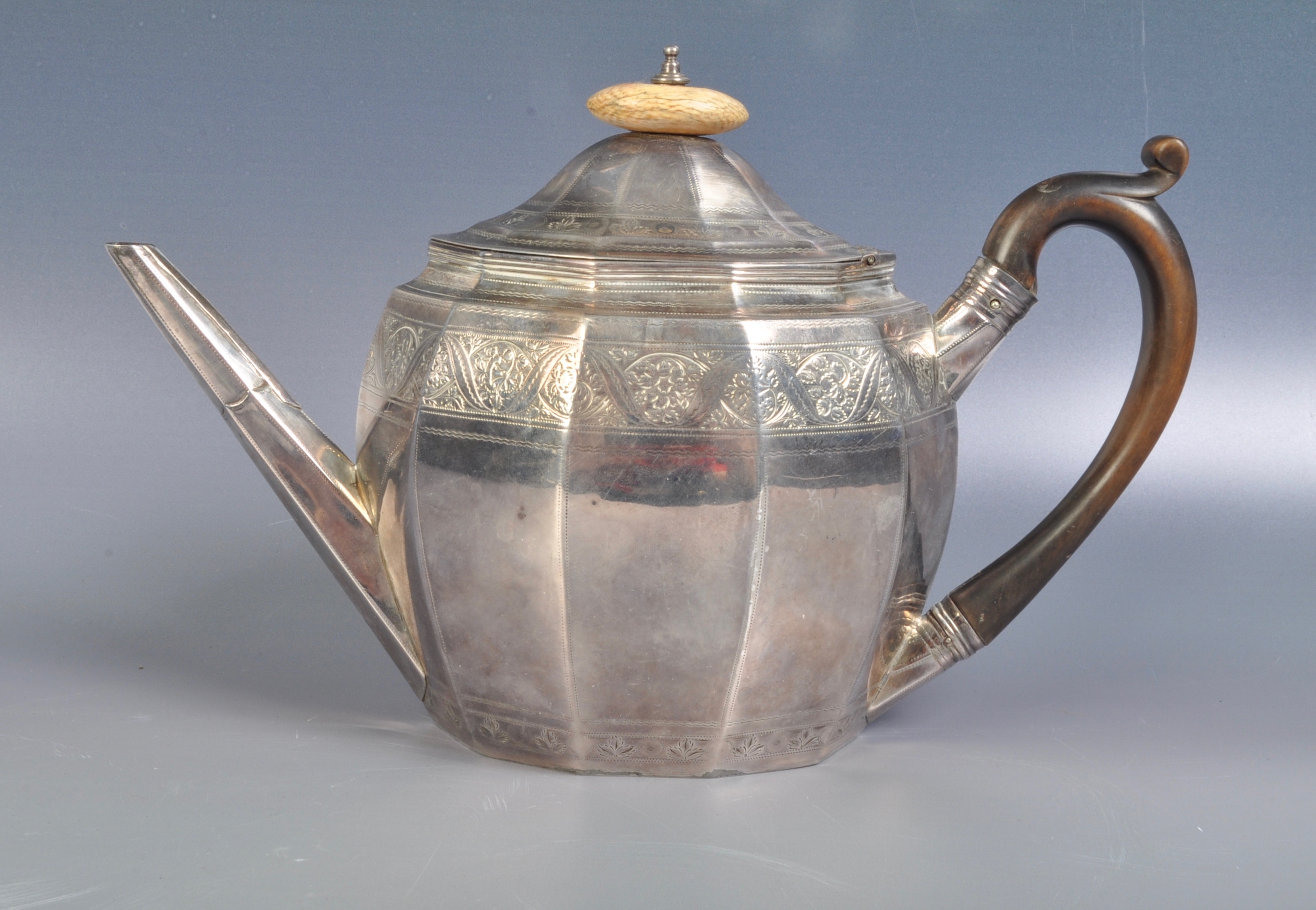 18TH CENTURY GEORGE III SILVER HALLMARKED TEAPOT. - Image 7 of 11