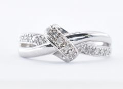 HALLMARKED 9CT WHITE GOLD & DIAMOND CROSSOVER RING