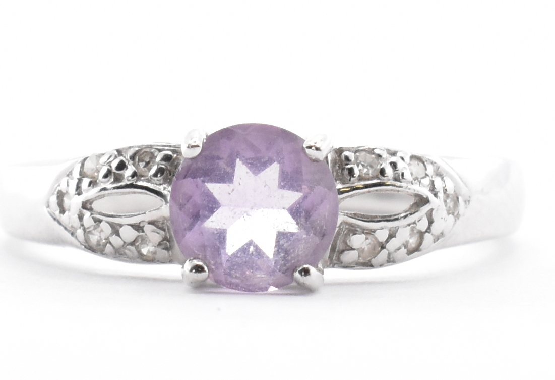 HALLMARKED WHITE GOLD DIAMOND & PURPLE STONE RING - Image 2 of 7