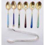 SILVER 925 AND ENAMEL CASED TEASPOONS AND TONG SET