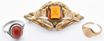 19TH CENTURY VICTORIAN PINCHBECK GOLD AND ORANGE STONE SRT BROOG, SILVER RING AND 9CT GOLD RING