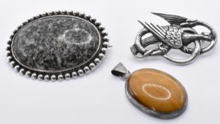 TWO SCOTTISH SILVER BROOCHES & TIGERS EYE PENDANT