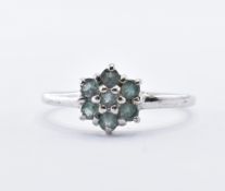 9CT WHITE GOLD AND GREEN STONE CLUSTER RING