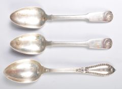 TWO GEORGE III SILVER HALLMARKED TEASPOONS AND ONE VICTORIAN TEASPOON