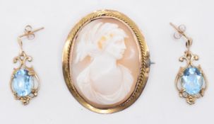 PAIR OF 9CT GOLD TOPAZ EARRINGS AND CAMEO BROOCH