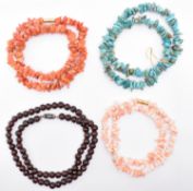 FOUR BEADED NECKLACES INCLUDING TURQUOISE & CORAL