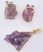 14CT GOLD AND METHYST CRYSTAL EARRINGS AND PENDANT