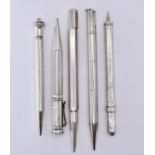 GROUP OF FIVE AND HALLMARKED SILVER PENCILS.
