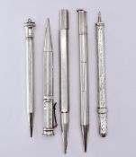 GROUP OF FIVE AND HALLMARKED SILVER PENCILS.