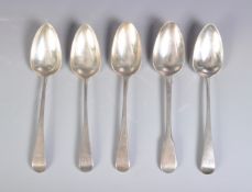 FIVE GEORGE II HALLMARKED SILVER SERVING SPOONS.