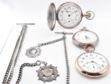 THREE POCKET WATCHES & TWO SILVER CHAINS