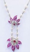 RETRO PLATINUM DIAMOND AND RUBY FLORAL SPRAY NECKLACE