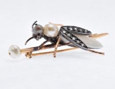 FRENCH 18CT GOLD PEARL AND DIAMOND BUG BROOCH
