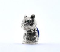 925 SILVER CAT PIN CUSHION WITH GREEN STONE EYES.