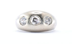 14CT WHITE GOLD AND THREE STONE GYPSY RING.