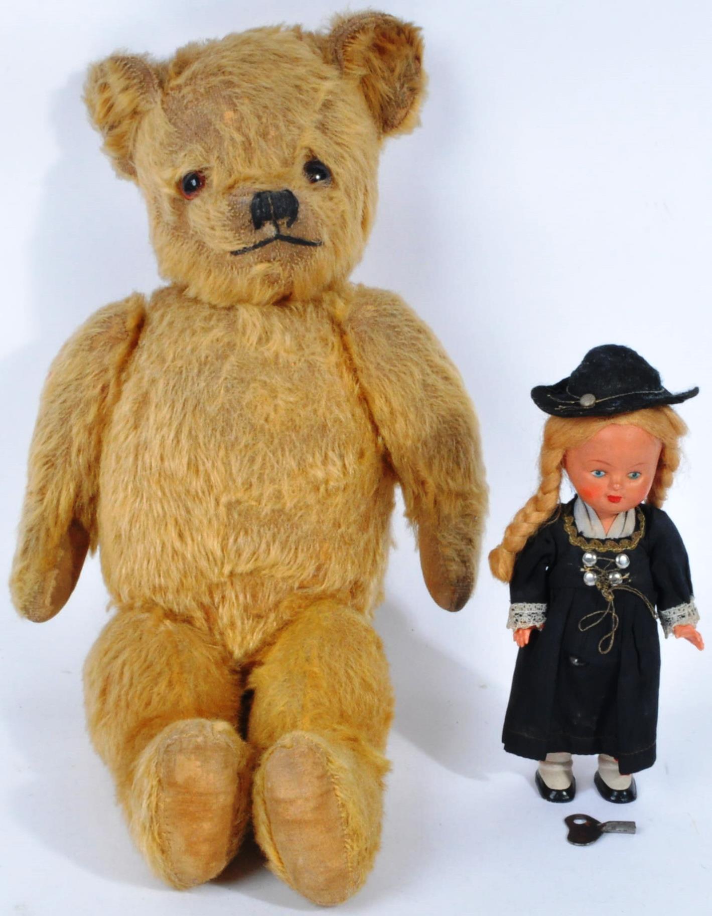 VINTAGE ENGLISH TEDDY BEAR AND GERMAN SCHUCO DOLL