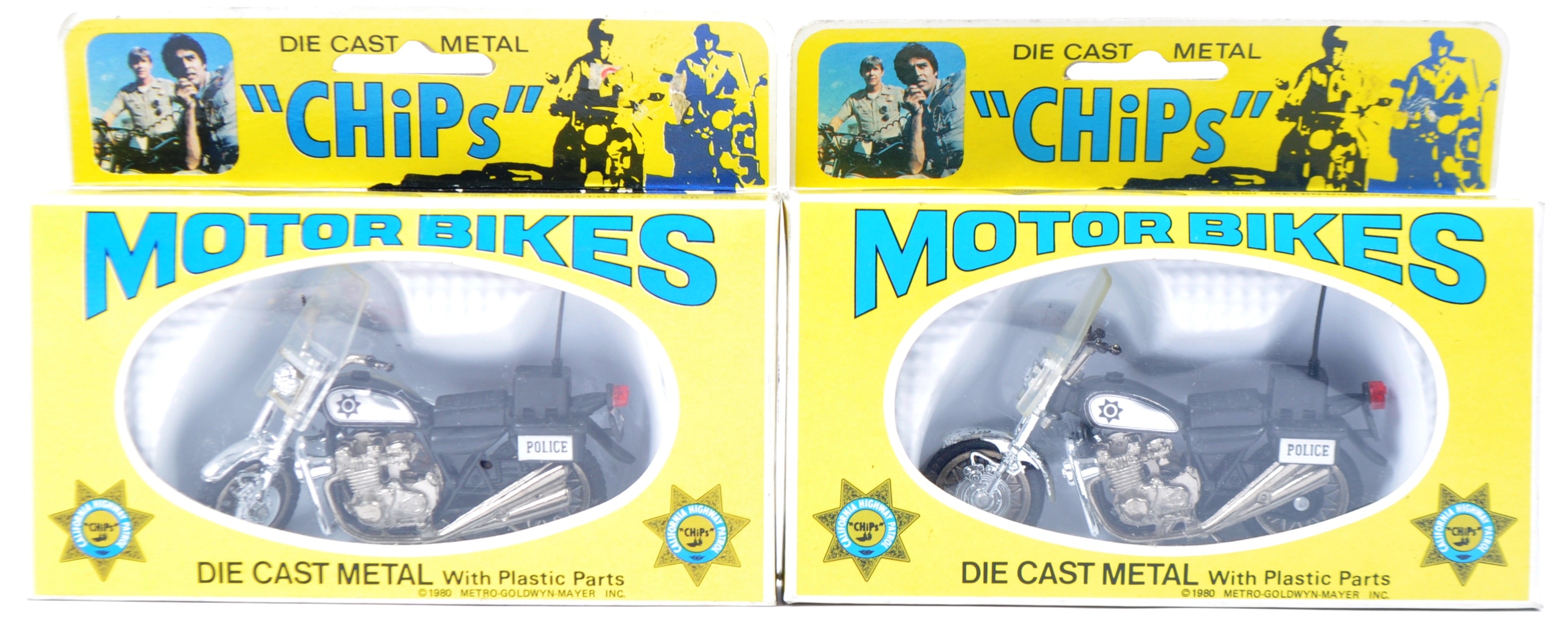 TWO ORIGINAL VINTAGE MGM ' CHIPS ' DIECAST MODEL MOTORBIKES