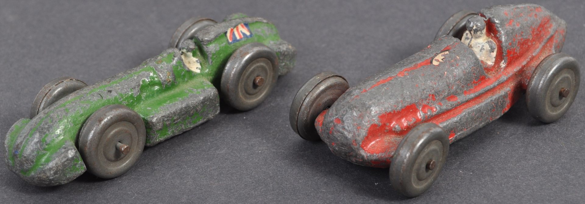 TWO ANTIQUE EARLY 19TH CENTURY ANTIQUE LEAD RACING CARS