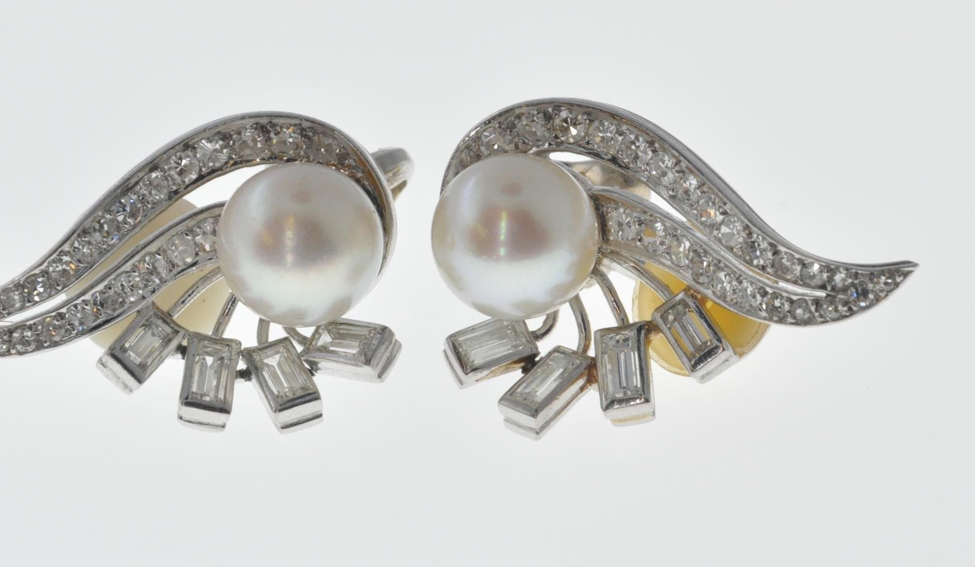 VINTAGE FRENCH WHITE GOLD DIAMOND AND PEARL CLIP ON EARRINGS - Image 3 of 6