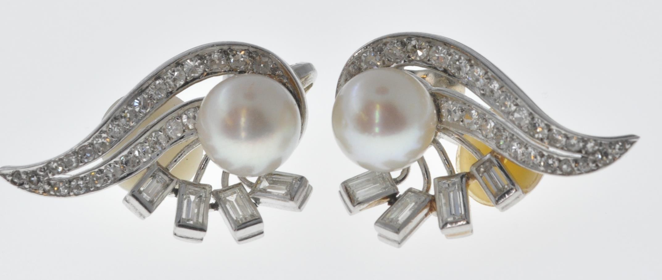 VINTAGE FRENCH WHITE GOLD DIAMOND AND PEARL CLIP ON EARRINGS - Image 4 of 6