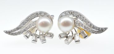 VINTAGE FRENCH WHITE GOLD DIAMOND AND PEARL CLIP ON EARRINGS