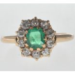 14CT GOLD EMERALD AND DIAMOND CLUSTER RING