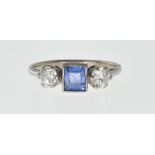 ANTIQUE SAPPHIRE AND DIAMOND THREE STONE RING