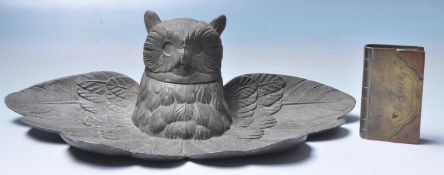 1940’S CAST METAL OWL INKWELL AND BRASS TRENCH ART LIGHTER