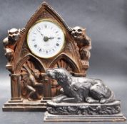 PAIR OF CAST IRON DOG BOOKENDS & GARGOYLE MANTLE CLOCK