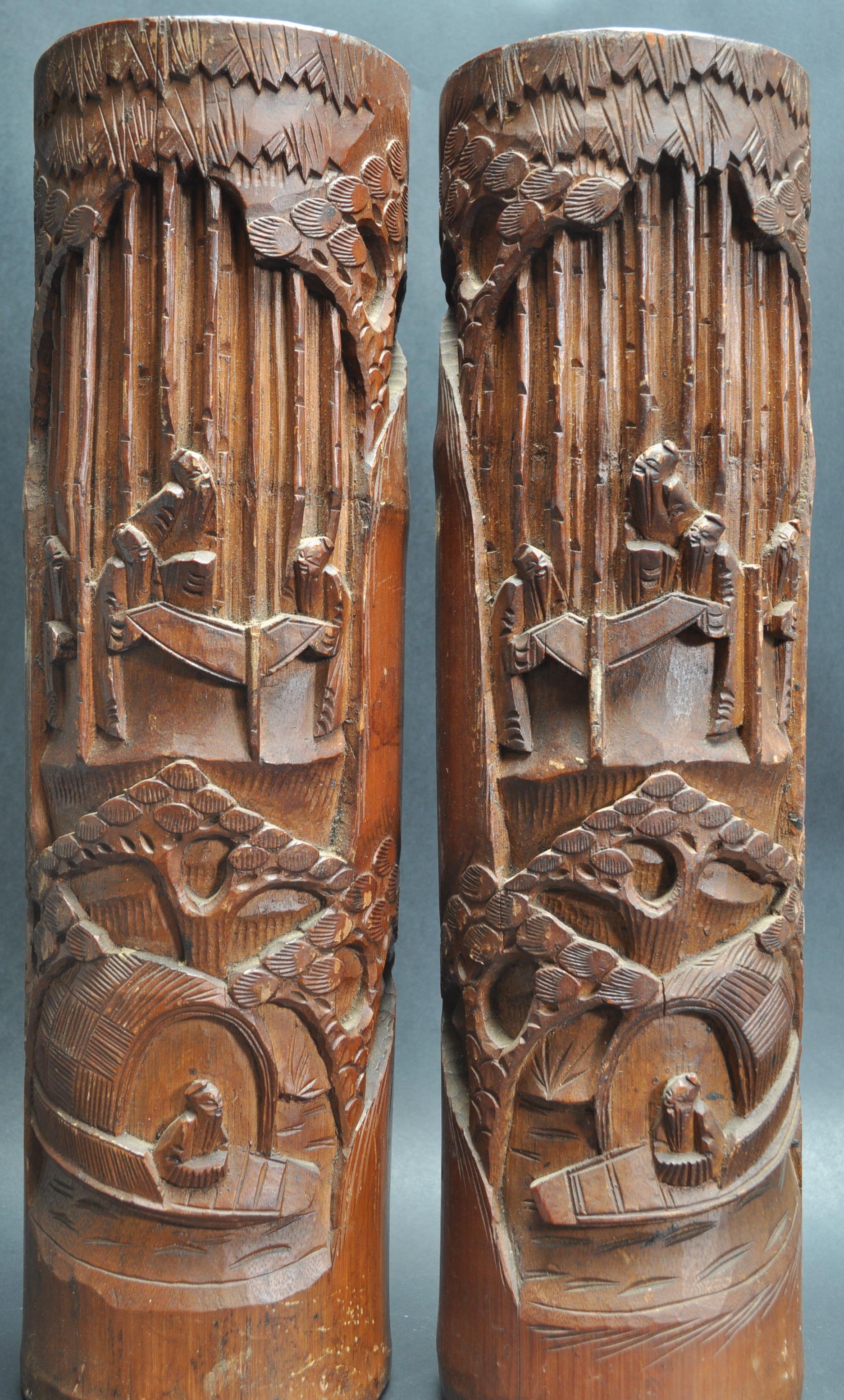 TWO LARGE CHINESE ORIENTAL BAMBOO BRUSH POTS - Image 3 of 7